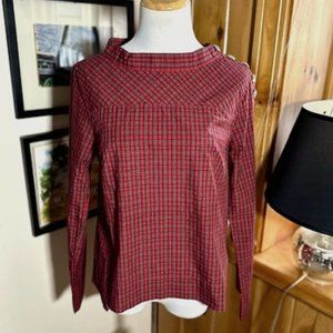 J. CREW Women’s Red Black Tartan Plaid Rhinestone Funnel Neck Blouse Shirt - S